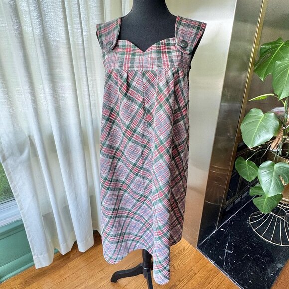 Vintage 80s jumper, forest green, red grey plaid, sweetheart neckline - Picture 1 of 6